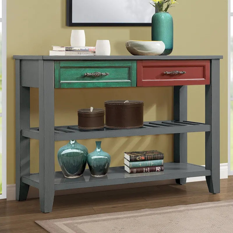 Buffet console de 42 pouces, style Mid-Century, 2 tiroirs, étagères ouvertes à 2 niveaux, bois massif et MDF, gris antique / bleu marine / marron, utilisation par 1 personne