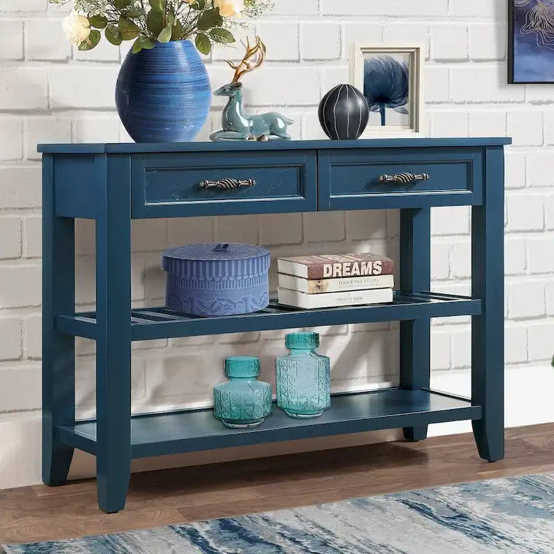Buffet console de 42 pouces, style Mid-Century, 2 tiroirs, étagères ouvertes à 2 niveaux, bois massif et MDF, gris antique / bleu marine / marron, utilisation par 1 personne