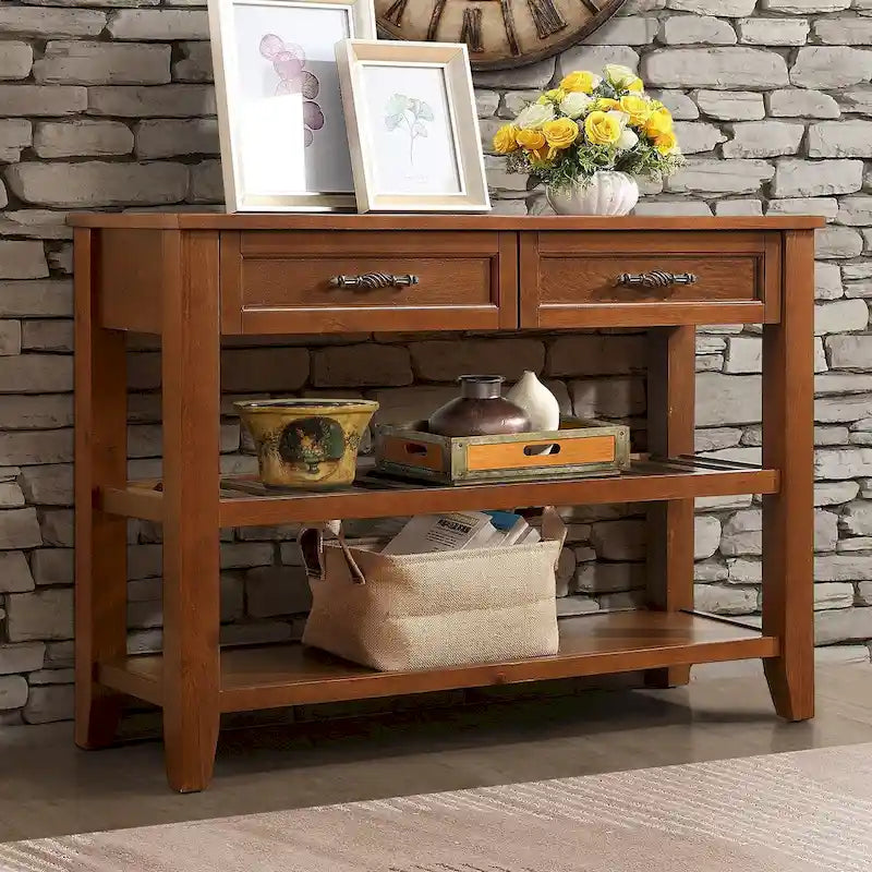 Buffet console de 42 pouces, style Mid-Century, 2 tiroirs, étagères ouvertes à 2 niveaux, bois massif et MDF, gris antique / bleu marine / marron, utilisation par 1 personne