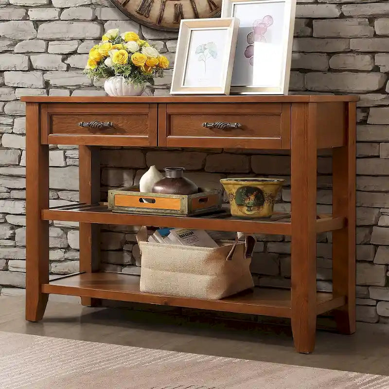 Buffet console de 42 pouces, style Mid-Century, 2 tiroirs, étagères ouvertes à 2 niveaux, bois massif et MDF, gris antique / bleu marine / marron, utilisation par 1 personne