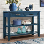 Buffet console de 42 pouces, style Mid-Century, 2 tiroirs, étagères ouvertes à 2 niveaux, bois massif et MDF, gris antique / bleu marine / marron, utilisation par 1 personne