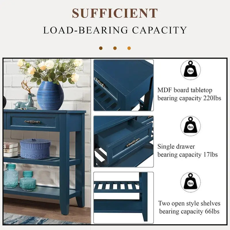 Buffet console de 42 pouces, style Mid-Century, 2 tiroirs, étagères ouvertes à 2 niveaux, bois massif et MDF, gris antique / bleu marine / marron, utilisation par 1 personne