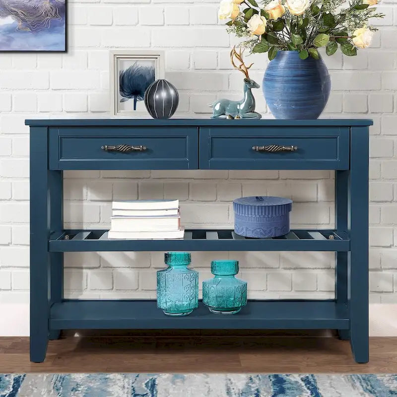 Buffet console de 42 pouces, style Mid-Century, 2 tiroirs, étagères ouvertes à 2 niveaux, bois massif et MDF, gris antique / bleu marine / marron, utilisation par 1 personne