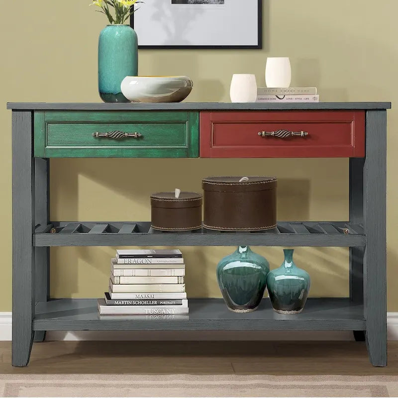 Buffet console de 42 pouces, style Mid-Century, 2 tiroirs, étagères ouvertes à 2 niveaux, bois massif et MDF, gris antique / bleu marine / marron, utilisation par 1 personne