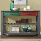 Buffet console de 42 pouces, style Mid-Century, 2 tiroirs, étagères ouvertes à 2 niveaux, bois massif et MDF, gris antique / bleu marine / marron, utilisation par 1 personne