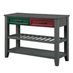 Buffet console de 42 pouces, style Mid-Century, 2 tiroirs, étagères ouvertes à 2 niveaux, bois massif et MDF, gris antique / bleu marine / marron, utilisation par 1 personne