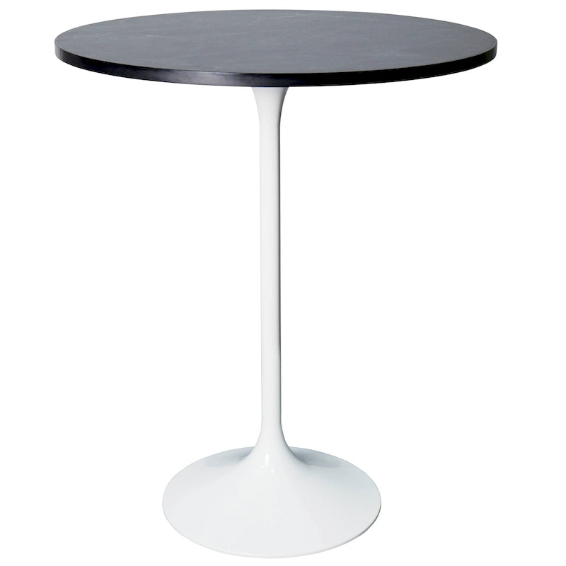 Table de salle à manger ronde hauteur bar, plateau en MDF, pied central en acier brossé, aspect marbre noir / bois naturel / marron cognac / noyer foncé, pour 4 personnes