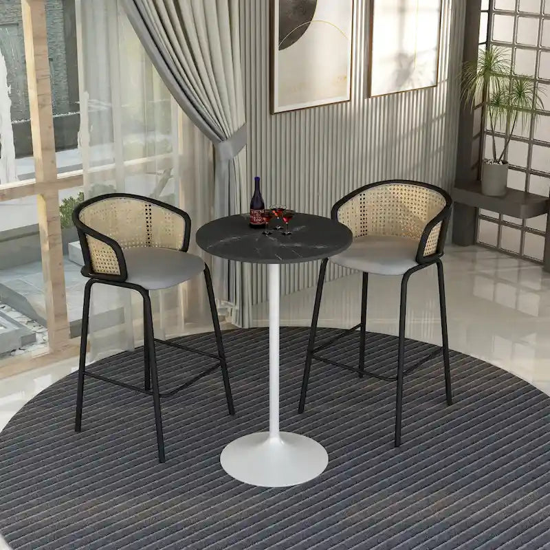 Table de salle à manger ronde hauteur bar, plateau en MDF, pied central en acier brossé, aspect marbre noir / bois naturel / marron cognac / noyer foncé, pour 4 personnes
