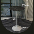 Table de salle à manger ronde hauteur bar, plateau en MDF, pied central en acier brossé, aspect marbre noir / bois naturel / marron cognac / noyer foncé, pour 4 personnes