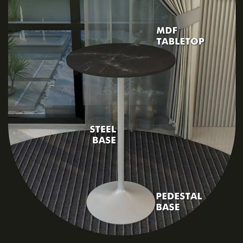 Table de salle à manger ronde hauteur bar, plateau en MDF, pied central en acier brossé, aspect marbre noir / bois naturel / marron cognac / noyer foncé, pour 4 personnes