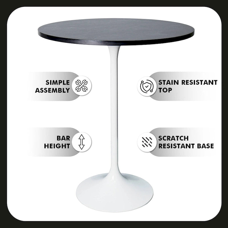 Table de salle à manger ronde hauteur bar, plateau en MDF, pied central en acier brossé, aspect marbre noir / bois naturel / marron cognac / noyer foncé, pour 4 personnes