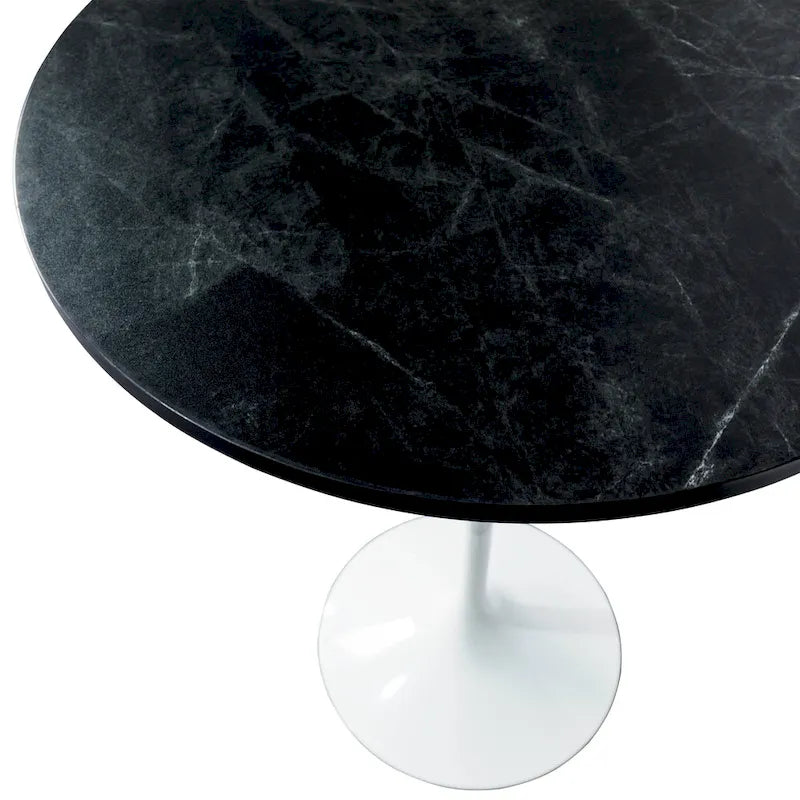 Table de salle à manger ronde hauteur bar, plateau en MDF, pied central en acier brossé, aspect marbre noir / bois naturel / marron cognac / noyer foncé, pour 4 personnes