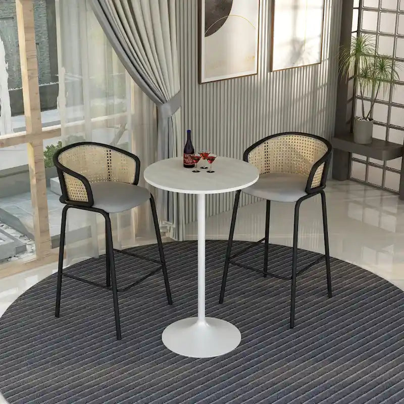 Table de salle à manger ronde hauteur bar, plateau en MDF, pied central en acier brossé, aspect marbre noir / bois naturel / marron cognac / noyer foncé, pour 4 personnes