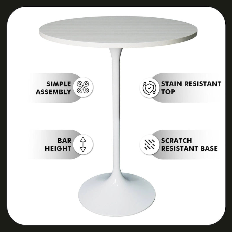 Table de salle à manger ronde hauteur bar, plateau en MDF, pied central en acier brossé, aspect marbre noir / bois naturel / marron cognac / noyer foncé, pour 4 personnes