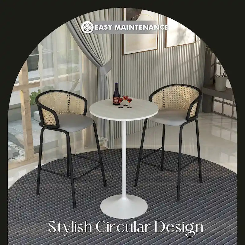 Table de salle à manger ronde hauteur bar, plateau en MDF, pied central en acier brossé, aspect marbre noir / bois naturel / marron cognac / noyer foncé, pour 4 personnes