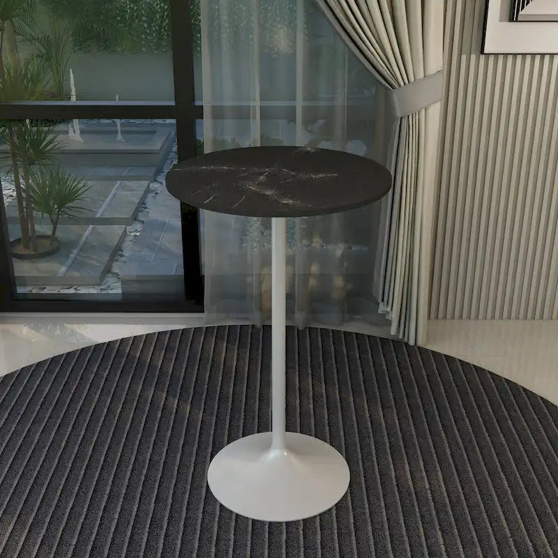 Table de salle à manger ronde hauteur bar, plateau en MDF, pied central en acier brossé, aspect marbre noir / bois naturel / marron cognac / noyer foncé, pour 4 personnes