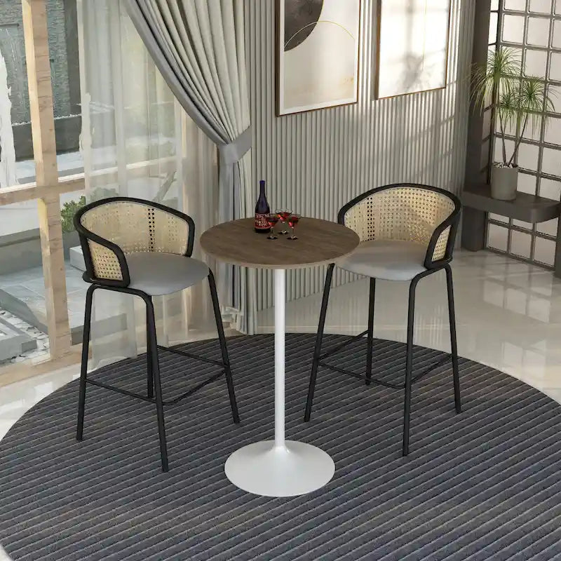 Table de salle à manger ronde hauteur bar, plateau en MDF, pied central en acier brossé, aspect marbre noir / bois naturel / marron cognac / noyer foncé, pour 4 personnes