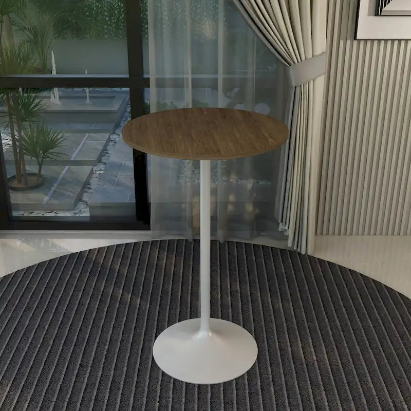 Table de salle à manger ronde hauteur bar, plateau en MDF, pied central en acier brossé, aspect marbre noir / bois naturel / marron cognac / noyer foncé, pour 4 personnes