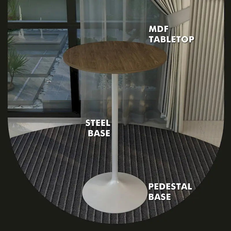 Table de salle à manger ronde hauteur bar, plateau en MDF, pied central en acier brossé, aspect marbre noir / bois naturel / marron cognac / noyer foncé, pour 4 personnes