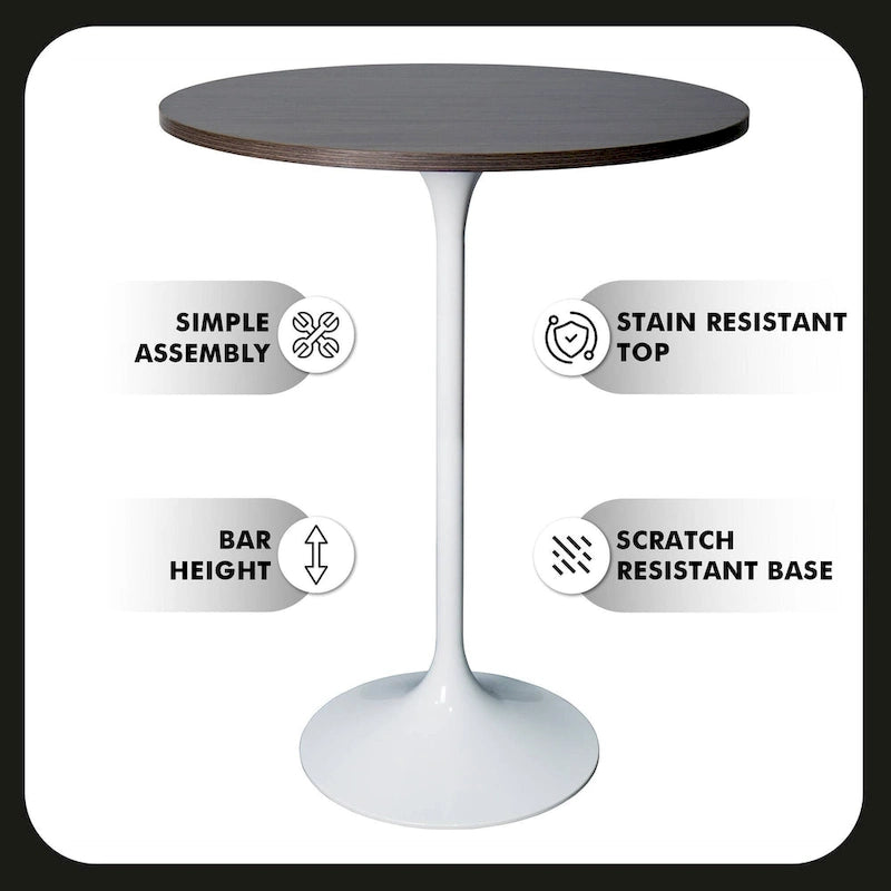 Table de salle à manger ronde hauteur bar, plateau en MDF, pied central en acier brossé, aspect marbre noir / bois naturel / marron cognac / noyer foncé, pour 4 personnes