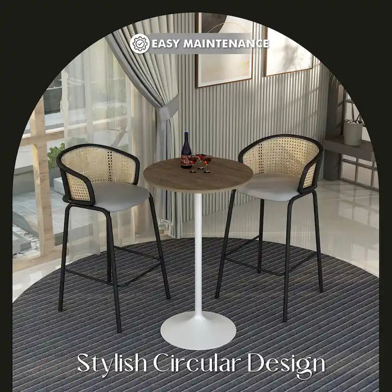 Table de salle à manger ronde hauteur bar, plateau en MDF, pied central en acier brossé, aspect marbre noir / bois naturel / marron cognac / noyer foncé, pour 4 personnes