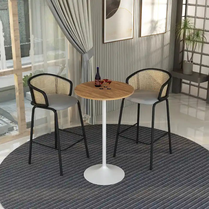 Table de salle à manger ronde hauteur bar, plateau en MDF, pied central en acier brossé, aspect marbre noir / bois naturel / marron cognac / noyer foncé, pour 4 personnes
