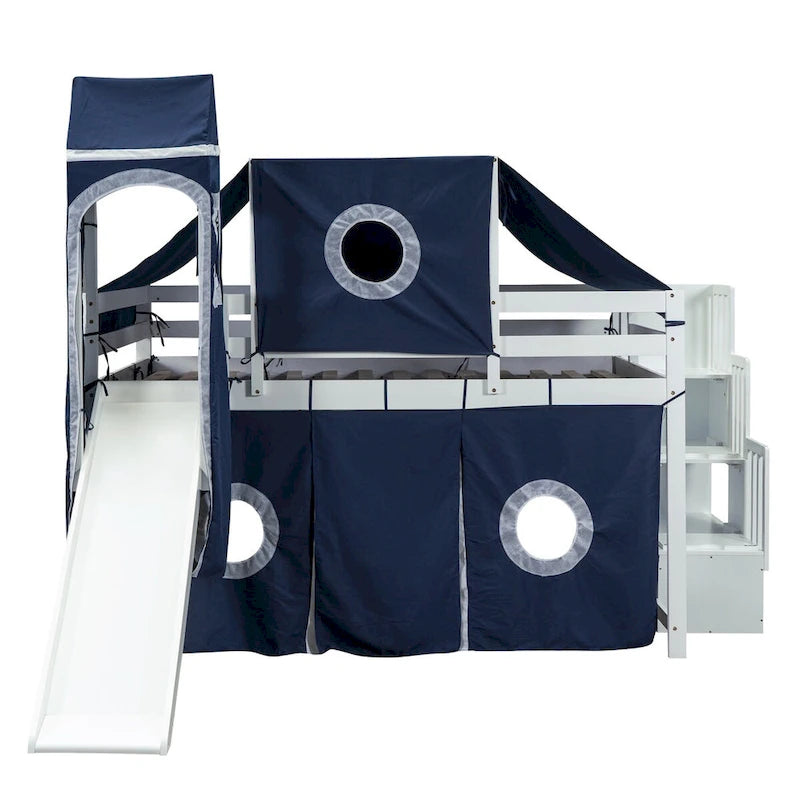 House Full Loft Bed with Slide,Storage Stairs and Tent,Tower and Ladders, Playhouse Full Bed Frame for Kids