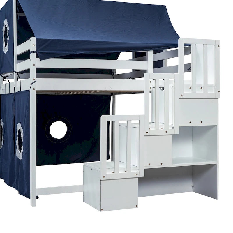 Lit mezzanine enfant pleine grandeur, design château, toboggan, escalier de rangement, tente, tour, échelle, pin et MDF, bleu / rose, usage 1 personne