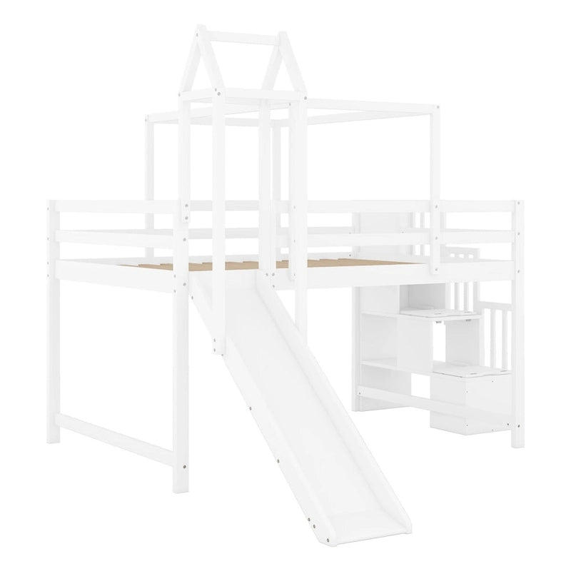 Lit mezzanine enfant pleine grandeur, design château, toboggan, escalier de rangement, tente, tour, échelle, pin et MDF, bleu / rose, usage 1 personne