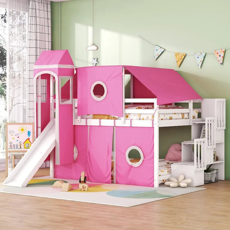 Lit mezzanine enfant pleine grandeur, design château, toboggan, escalier de rangement, tente, tour, échelle, pin et MDF, bleu / rose, usage 1 personne