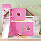 Lit mezzanine enfant pleine grandeur, design château, toboggan, escalier de rangement, tente, tour, échelle, pin et MDF, bleu / rose, usage 1 personne
