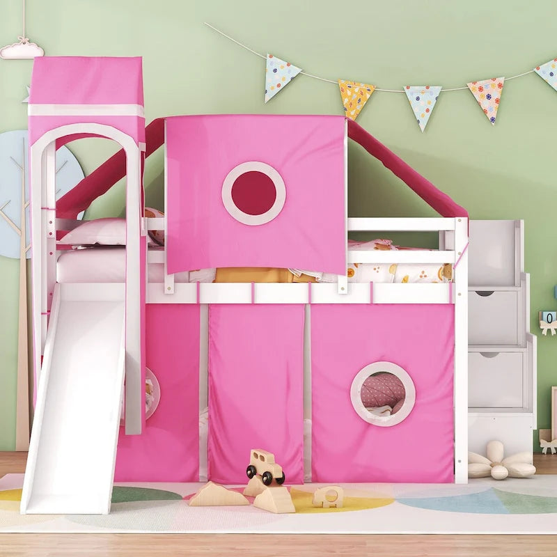 Lit mezzanine enfant pleine grandeur, design château, toboggan, escalier de rangement, tente, tour, échelle, pin et MDF, bleu / rose, usage 1 personne