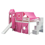 Lit mezzanine enfant pleine grandeur, design château, toboggan, escalier de rangement, tente, tour, échelle, pin et MDF, bleu / rose, usage 1 personne