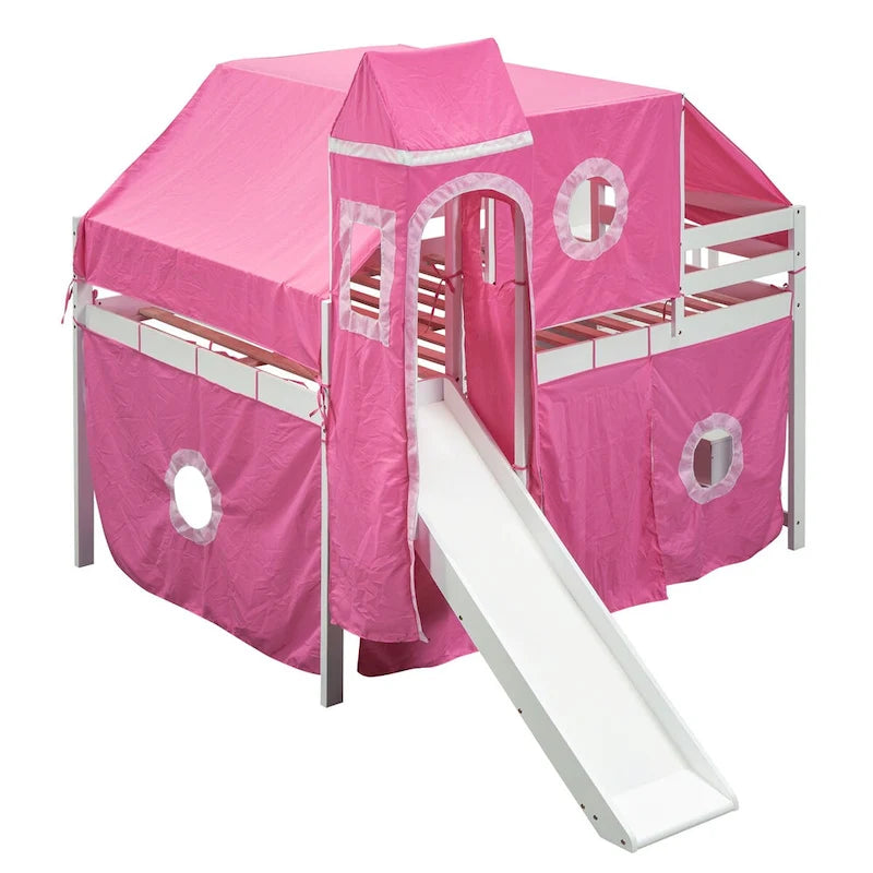 Lit mezzanine enfant pleine grandeur, design château, toboggan, escalier de rangement, tente, tour, échelle, pin et MDF, bleu / rose, usage 1 personne