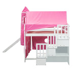 Lit mezzanine enfant pleine grandeur, design château, toboggan, escalier de rangement, tente, tour, échelle, pin et MDF, bleu / rose, usage 1 personne