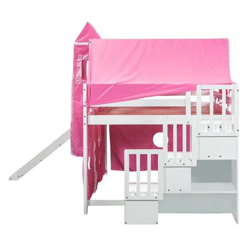 Lit mezzanine enfant pleine grandeur, design château, toboggan, escalier de rangement, tente, tour, échelle, pin et MDF, bleu / rose, usage 1 personne
