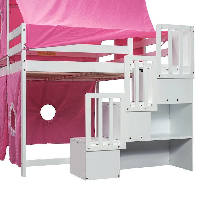 Lit mezzanine enfant pleine grandeur, design château, toboggan, escalier de rangement, tente, tour, échelle, pin et MDF, bleu / rose, usage 1 personne