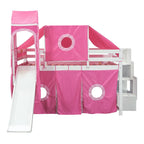 Lit mezzanine enfant pleine grandeur, design château, toboggan, escalier de rangement, tente, tour, échelle, pin et MDF, bleu / rose, usage 1 personne