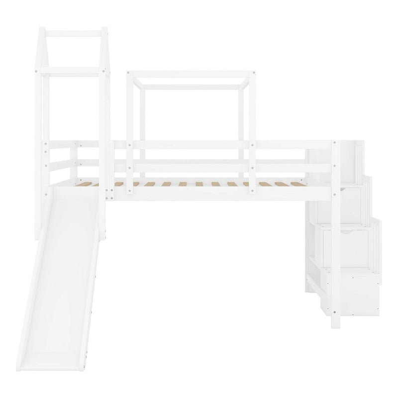 Lit mezzanine enfant pleine grandeur, design château, toboggan, escalier de rangement, tente, tour, échelle, pin et MDF, bleu / rose, usage 1 personne