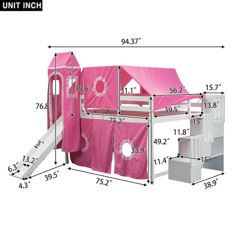 Lit mezzanine enfant pleine grandeur, design château, toboggan, escalier de rangement, tente, tour, échelle, pin et MDF, bleu / rose, usage 1 personne
