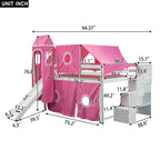 Lit mezzanine enfant pleine grandeur, design château, toboggan, escalier de rangement, tente, tour, échelle, pin et MDF, bleu / rose, usage 1 personne