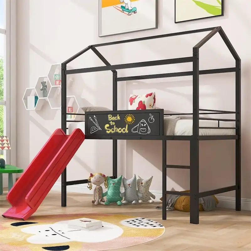 Lit mezzanine en métal de taille double avec toboggan, échelle, tableau d'écriture recto-verso, noir et rouge / noir / blanc, pour 1 personne