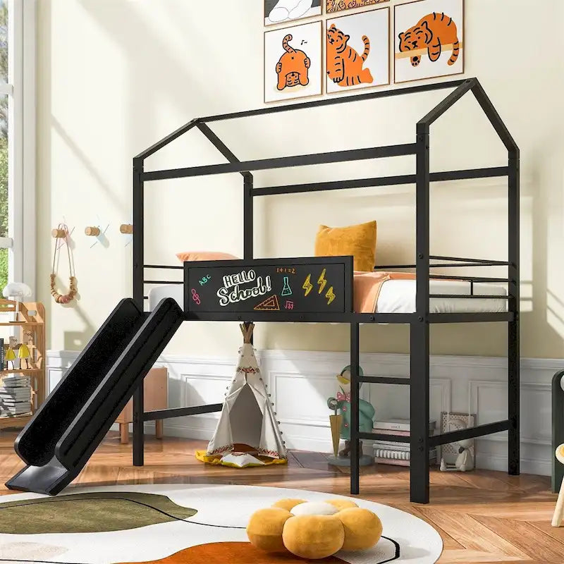Lit mezzanine en métal de taille double avec toboggan, échelle, tableau d'écriture recto-verso, noir et rouge / noir / blanc, pour 1 personne