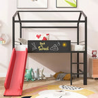 Lit mezzanine en métal de taille double avec toboggan, échelle, tableau d'écriture recto-verso, noir et rouge / noir / blanc, pour 1 personne