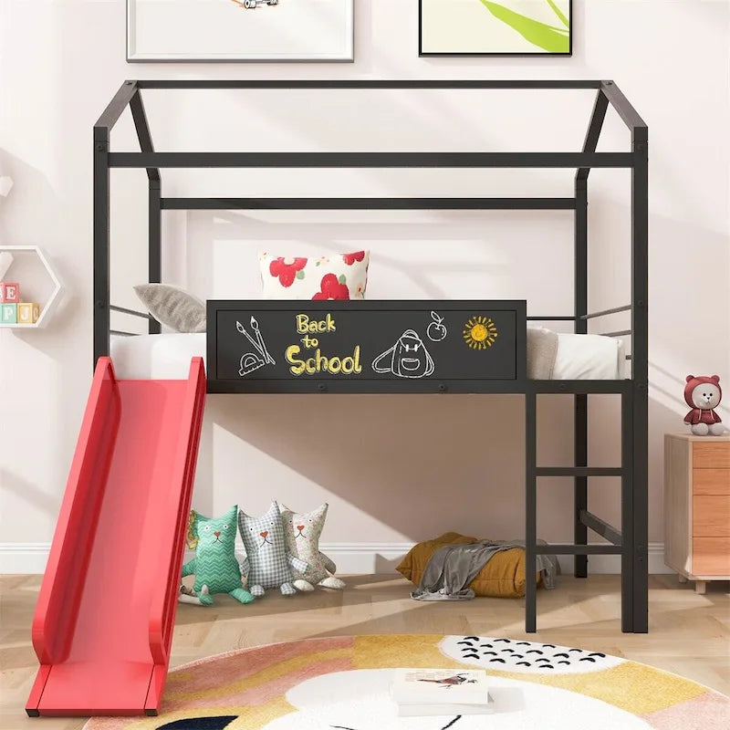 Lit mezzanine en métal de taille double avec toboggan, échelle, tableau d'écriture recto-verso, noir et rouge / noir / blanc, pour 1 personne