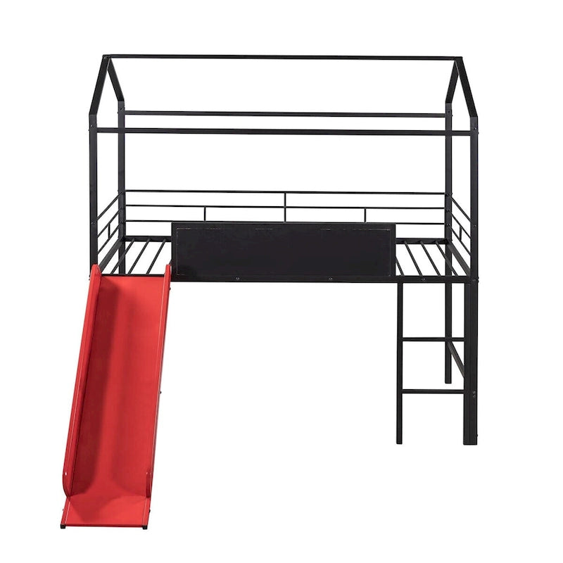 Lit mezzanine en métal de taille double avec toboggan, échelle, tableau d'écriture recto-verso, noir et rouge / noir / blanc, pour 1 personne