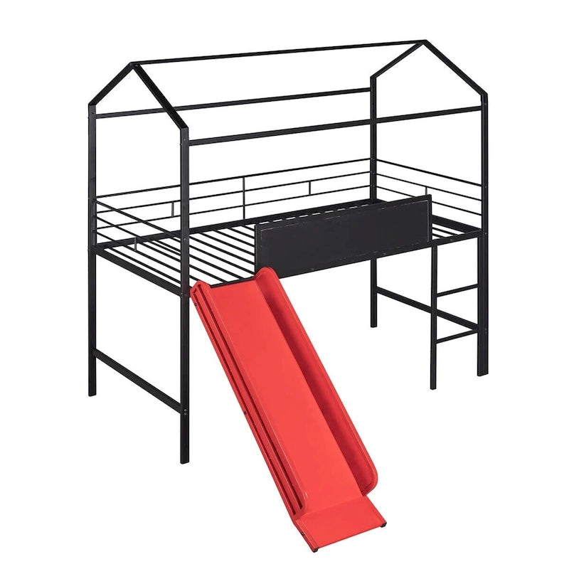 Lit mezzanine en métal de taille double avec toboggan, échelle, tableau d'écriture recto-verso, noir et rouge / noir / blanc, pour 1 personne