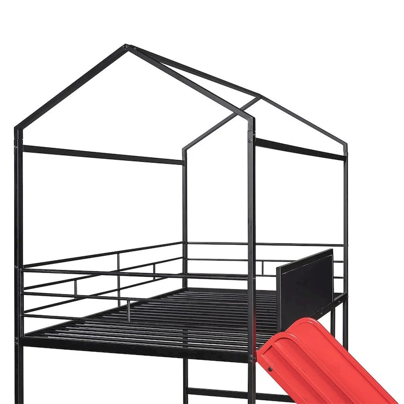Lit mezzanine en métal de taille double avec toboggan, échelle, tableau d'écriture recto-verso, noir et rouge / noir / blanc, pour 1 personne