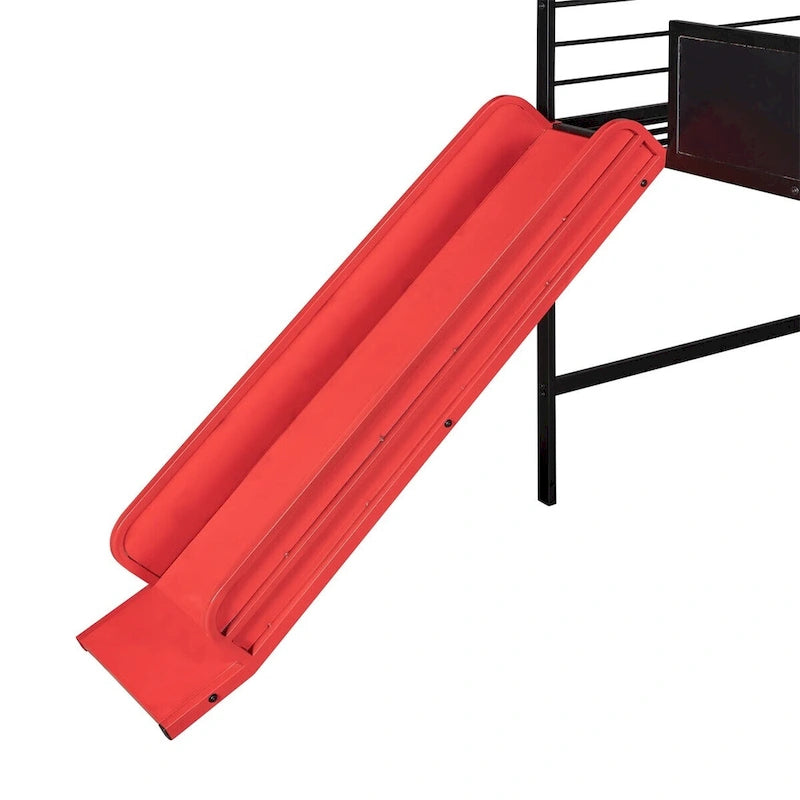 Lit mezzanine en métal de taille double avec toboggan, échelle, tableau d'écriture recto-verso, noir et rouge / noir / blanc, pour 1 personne