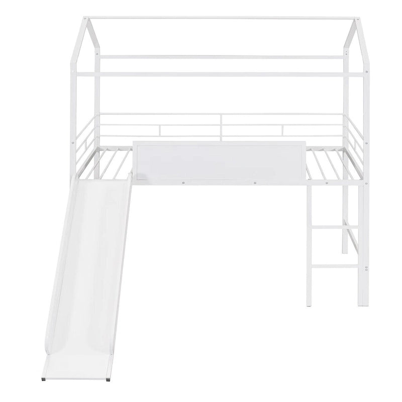 Lit mezzanine en métal de taille double avec toboggan, échelle, tableau d'écriture recto-verso, noir et rouge / noir / blanc, pour 1 personne